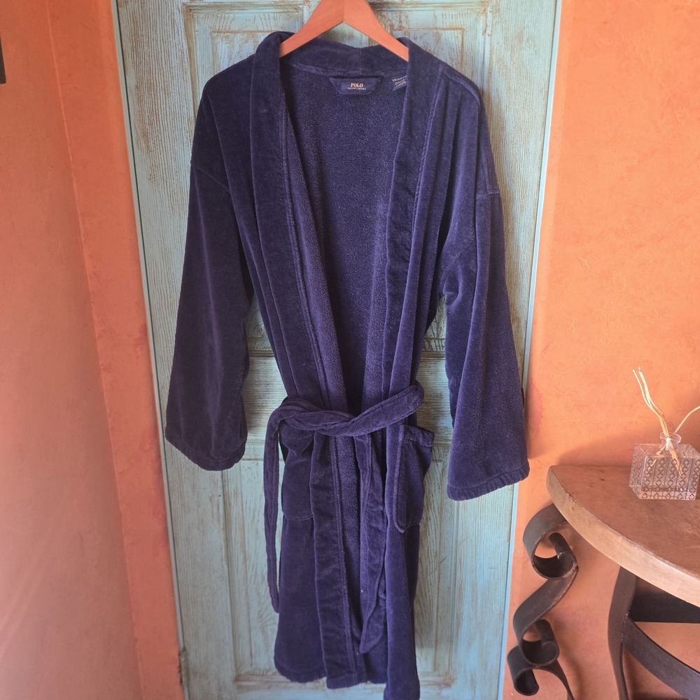 Vintage Polo Ralph Lauren Robe Cotton Belted Navy Blue Mens S/M Red Pony